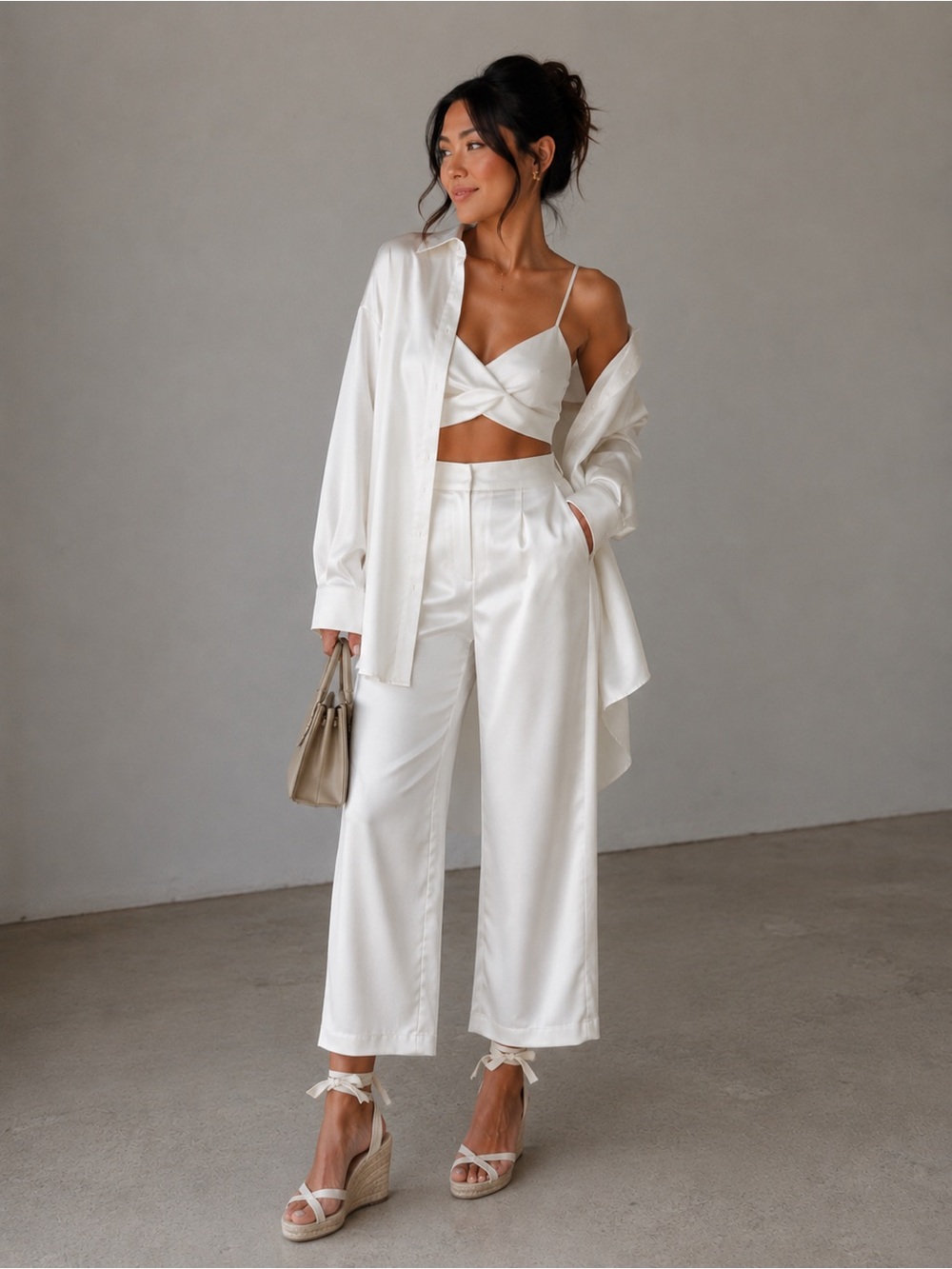 Nasty Gal Three Piece Silky Trouser and Button Down Set With Twist Bra Top